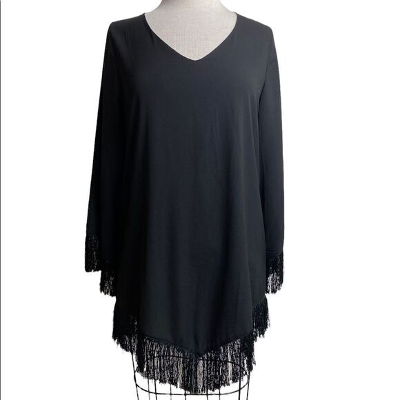 Dresses & Skirts - Little black dress S fringe hem and fringe sleeves V shape hem line